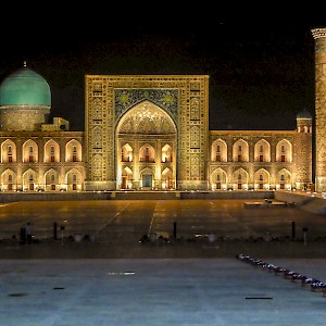 This was the place that launched the bucket list trip to Uzbekistan: Rajastan Square, Samarkand. They turned the lights off minutes after we got there